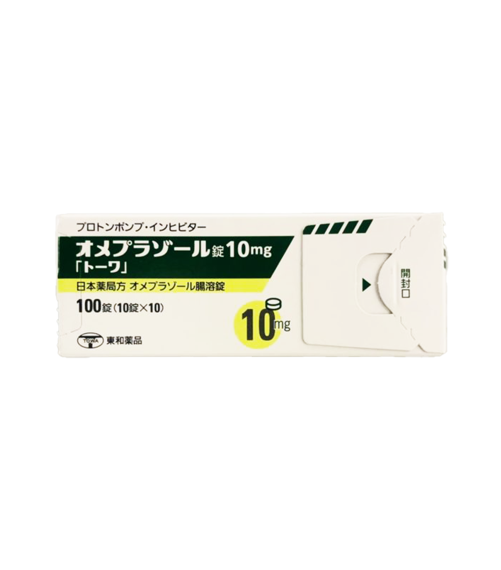 Front image of the OMEPRAZOLE TABLETS 10 mg "TOWA" package (100 tablets)